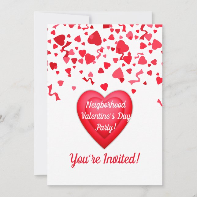 Valentine's Day Party Confetti Hearts Personalized Invitation (Front)