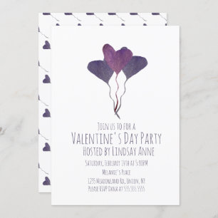 Valentines Day Party Heart Watercolor Purple  Invitation
