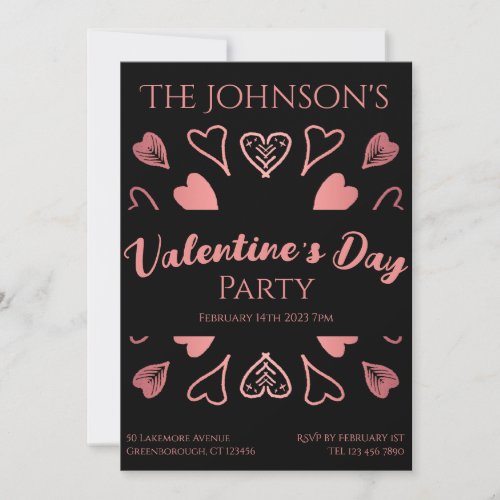 Valentines Day Party Hearts Black Rose Gold Invitation