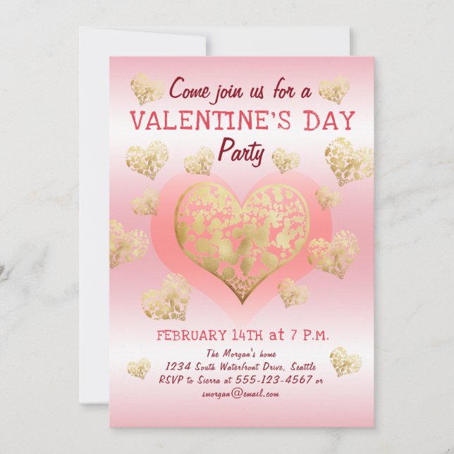 Valentine's Day Party Pink Gold Hearts Invitation (Front)