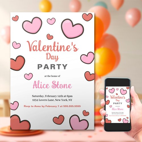 Valentines Day Party Pink Red Hearts Invitation