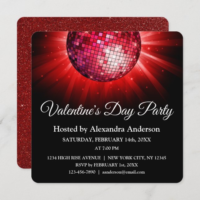 Valentine's Day Party Red Disco Ball Invitation (Front/Back)