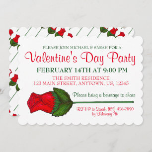 Valentine's Day Party Red Long Stemmed Rose Love Invitation