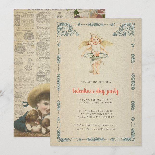 Valentine's Day Party Vintage Cupid Roses Antique Invitation (Front/Back)