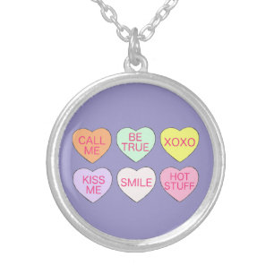Valentine's Day Pastel Candy Conversation Hearts Silver Plated Necklace