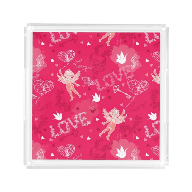 Valentine's Day  Pattern With Cupid Acrylic Tray (Front)