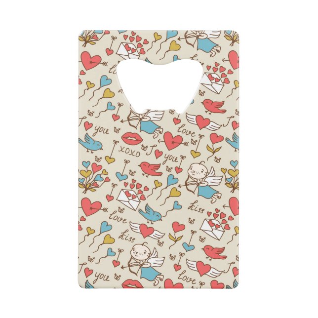 Valentine's Day Pattern with Cupid Credit Card Bottle Opener (Front)