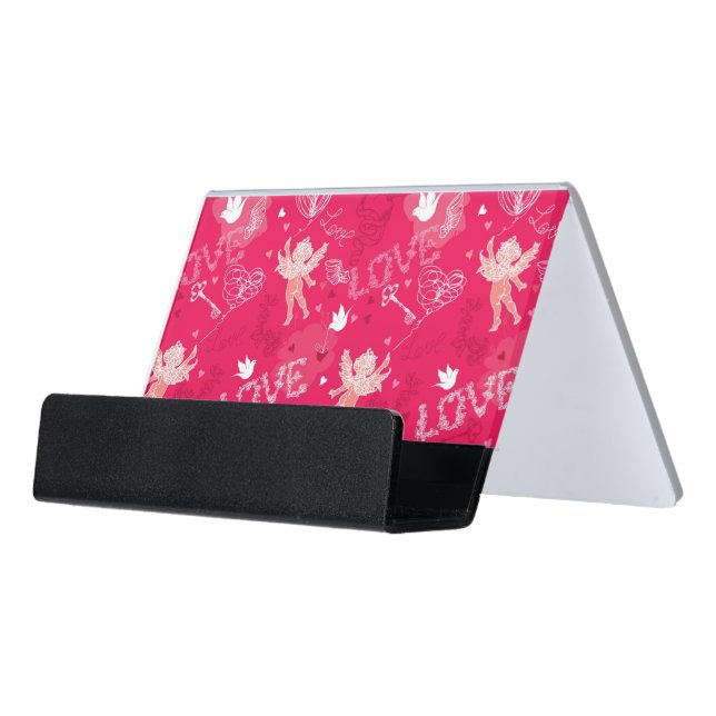 Valentine's Day  Pattern With Cupid Desk Business Card Holder (Angled Front)