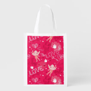 Valentine's Day Pattern With Cupid Grocery Bag