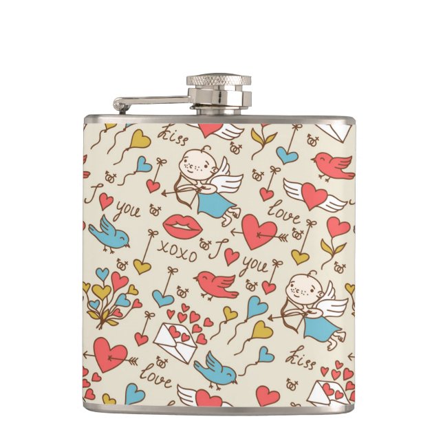 Valentine's Day Pattern with Cupid Hip Flask (Front)