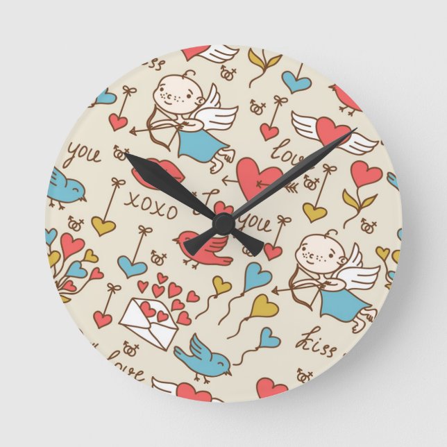 Valentine's Day Pattern with Cupid Round Clock (Front)