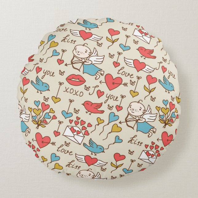 Valentine's Day Pattern with Cupid Round Pillow (Front)