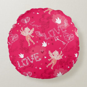 Valentine's Day  Pattern With Cupid Round Pillow
