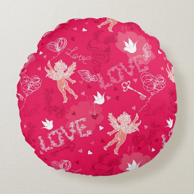 Valentine's Day  Pattern With Cupid Round Pillow (Front)