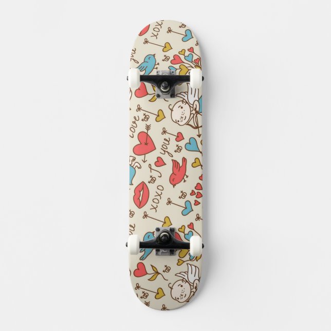 Valentine's Day Pattern with Cupid Skateboard Deck (Front)