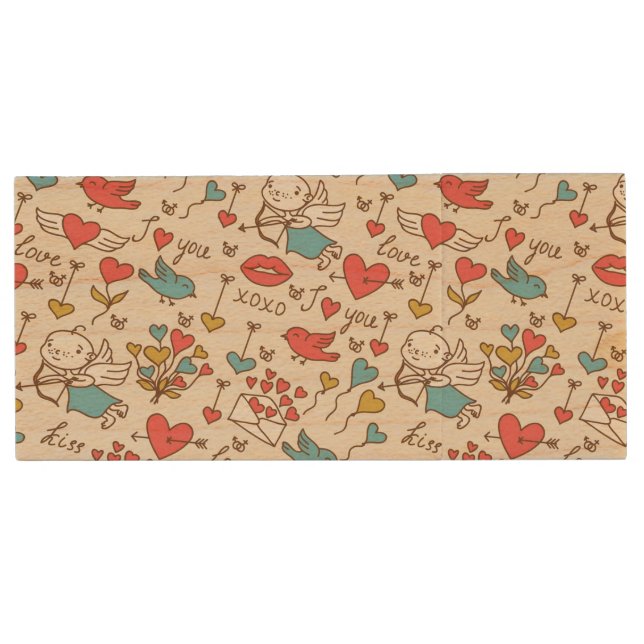 Valentine's Day Pattern with Cupid Wood Flash Drive (Front)