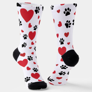 Valentine's Day Paw Prints and Red Hearts Pattern Socks