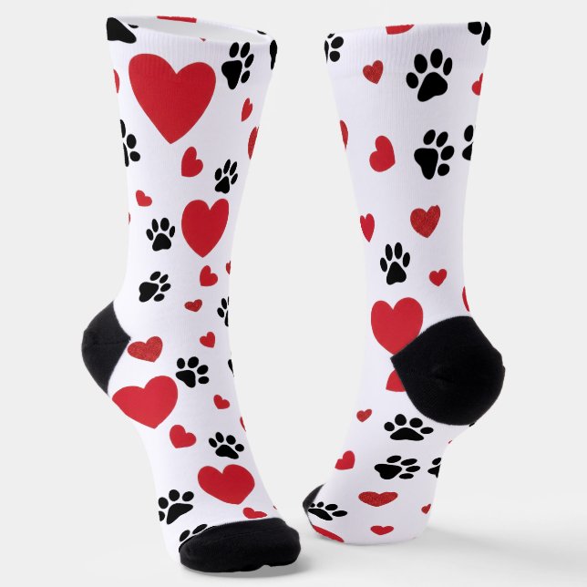 Valentine's Day Paw Prints and Red Hearts Pattern  Socks (Angled)