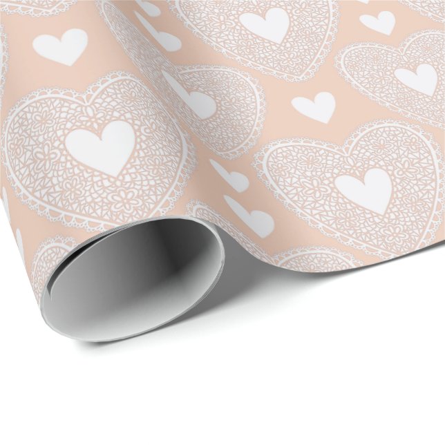 Valentine's Day Peach Lace Heart Pattern Wrapping Paper (Roll Corner)