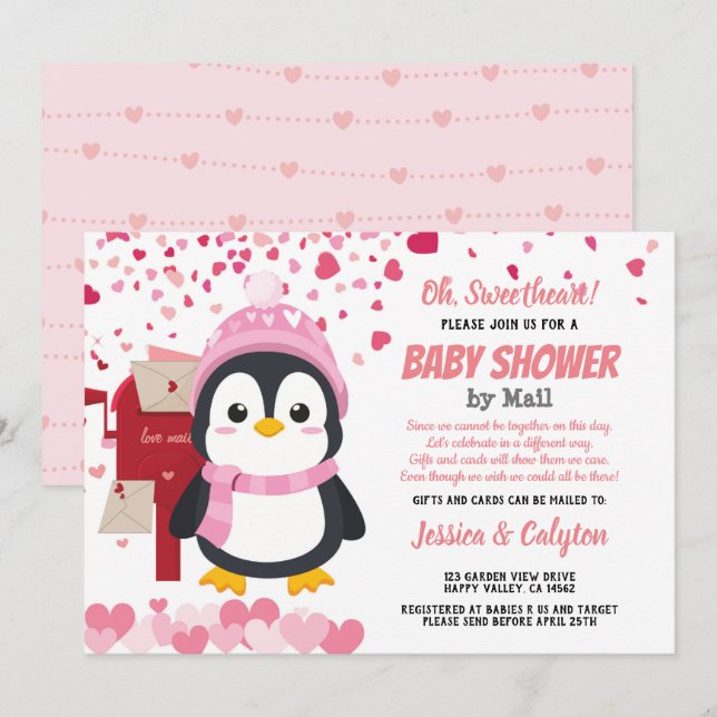 Valentines Day Penguin Girl Baby Shower By Mail Invitation (Front/Back)