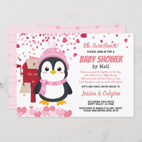 Valentines Day Penguin Girl Baby Shower By Mail Invitation