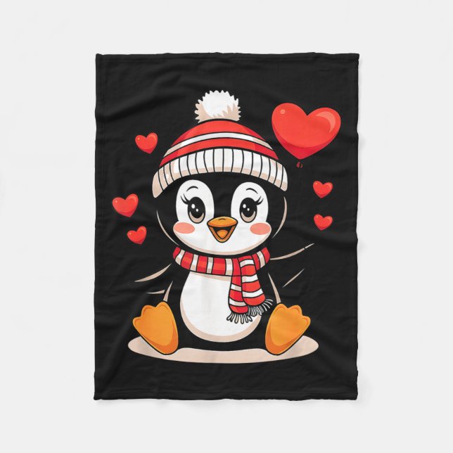 Valentine's Day Penguin Heart Balloon Cute  Fleece Blanket (Front)