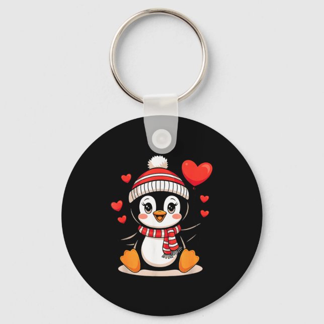 Valentine's Day Penguin Heart Balloon Cute  Keychain (Front)