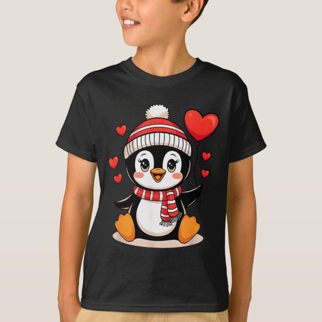 Valentine's Day Penguin Heart Balloon Cute  T-Shirt (Front)