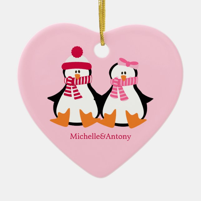 Valentines Day Penguins Ceramic Ornament (Front)