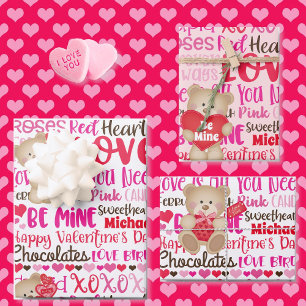 Valentine's Day Personalize Name Teddy Bear Hearts Wrapping Paper Sheets