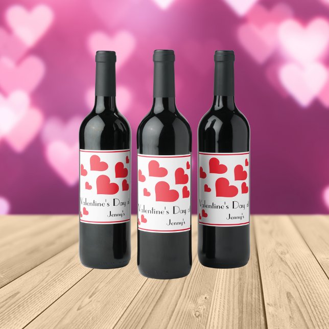 Valentine's Day Personalized Name Cute Red Hearts Wine Label (Happy Valentines Day Wine Bottle Labels.)