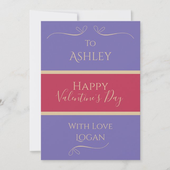 Valentines Day Personalized Name Purple Hot Pink Holiday Card (Front)