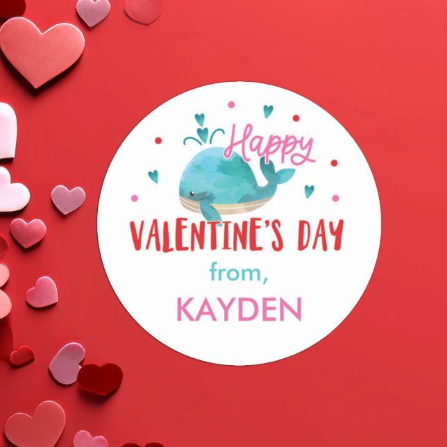 Valentine's Day Personalized Whale Treat   Classic Round Sticker (Creator Uploaded)