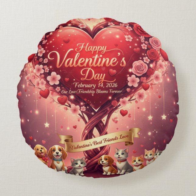 Valentine's Day Pets Lover's Floral Round Pillow (Front)