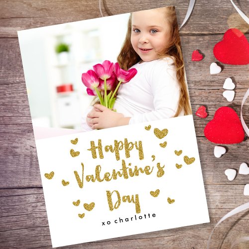 Valentines Day Photo Glittery Gold Classroom Holiday Postcard