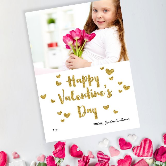 Valentine's Day Photo Glittery Gold Classroom Note Card (Creator Uploaded)