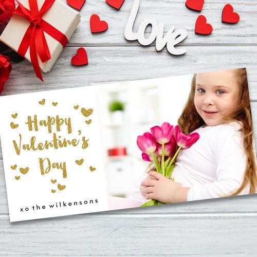 Valentines Day Photo Glittery Gold Sparkle Hearts Holiday Card