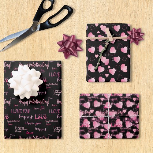 Valentines Day Pink and Black Hearts Script love  Wrapping Paper Sheets