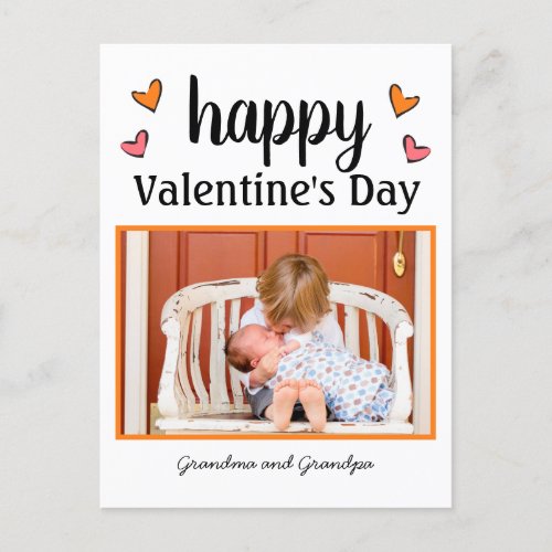 Valentines Day Pink and Orange Hearts One Photo Holiday Postcard