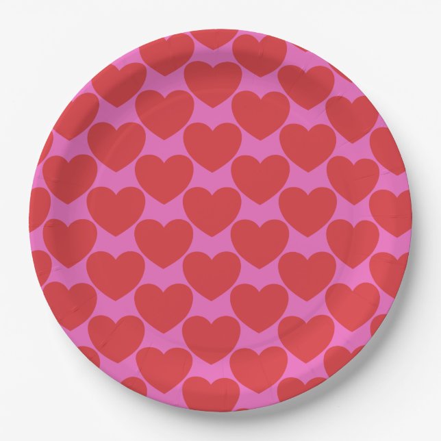 Valentine's Day Pink and Red Heart Pattern Party Paper Plates (Front)