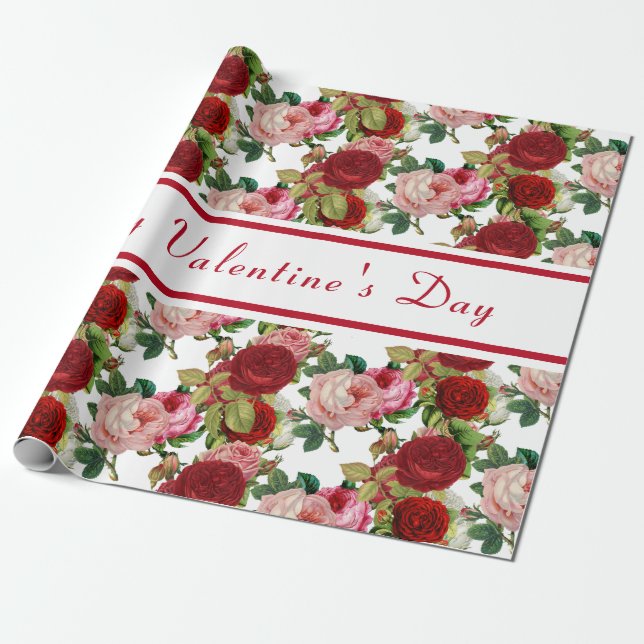 Valentine's Day Pink and Red Rose Floral Wrapping Paper (Unrolled)