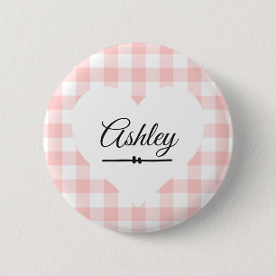 Valentine's Day Pink Gingham Heart Custom Name Button
