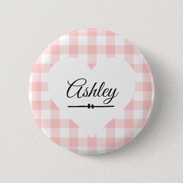 Valentine's Day Pink Gingham Heart Custom Name Button (Front)