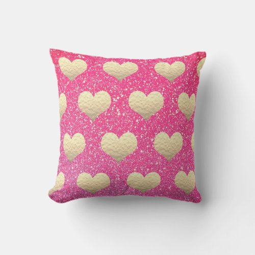 Valentines Day Pink Glitter Golden Hearts Pattern Outdoor Pillow