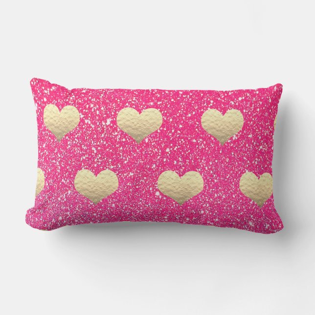 Valentine's Day Pink Glitter Golden Hearts Pretty Lumbar Pillow (Front)