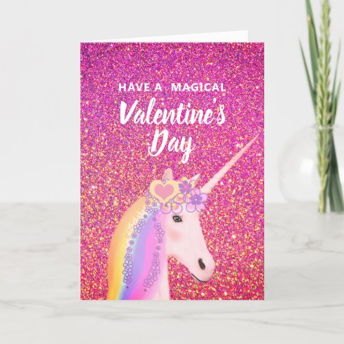 Valentines Day Pink Glitter Unicorn Kids Holiday Card