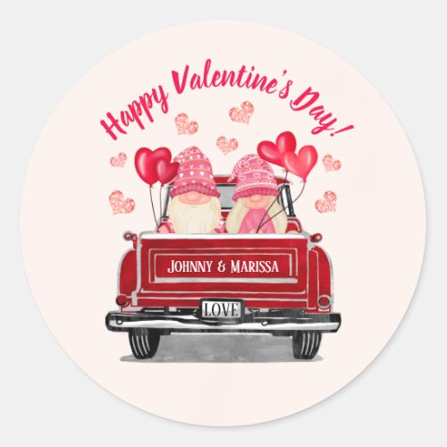 Valentines Day Pink Gnome Vintage Red Truck Love Classic Round Sticker