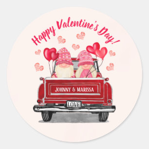 Valentine's Day Pink Gnome Vintage Red Truck Love Classic Round Sticker