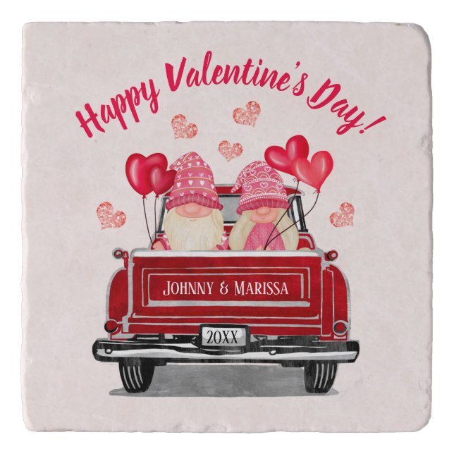 Valentine's Day Pink Gnome Vintage Red Truck Trivet (Front)