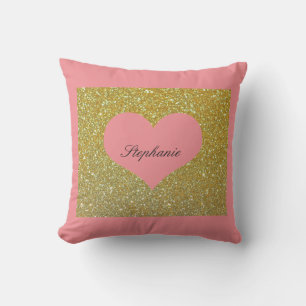 Valentine's Day Pink Gold Glitter Monogram Heart Outdoor Pillow
